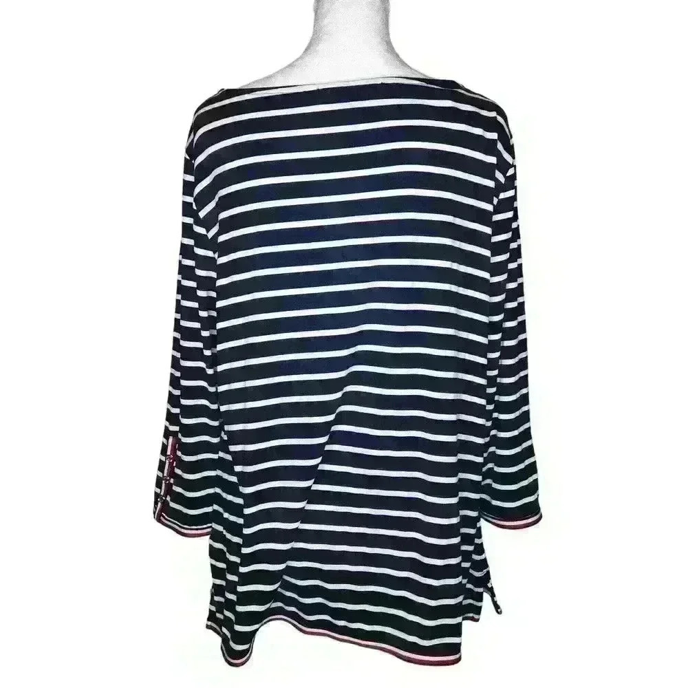 Tommy Hilfiger women's navy and white striped blouse 3/4 sleeve size large - Picture 2 of 7